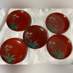 5- Ryukyu Lacquerware Plates, identified by their distinctive vermilion color.